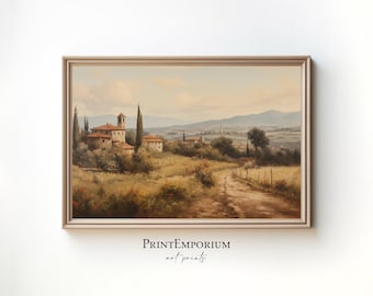 Vintage Italian Countryside Villa Painting | Warm Tone European Landscape Art Print | Rustic Living Room Decor | Digital Download PRINTABLE