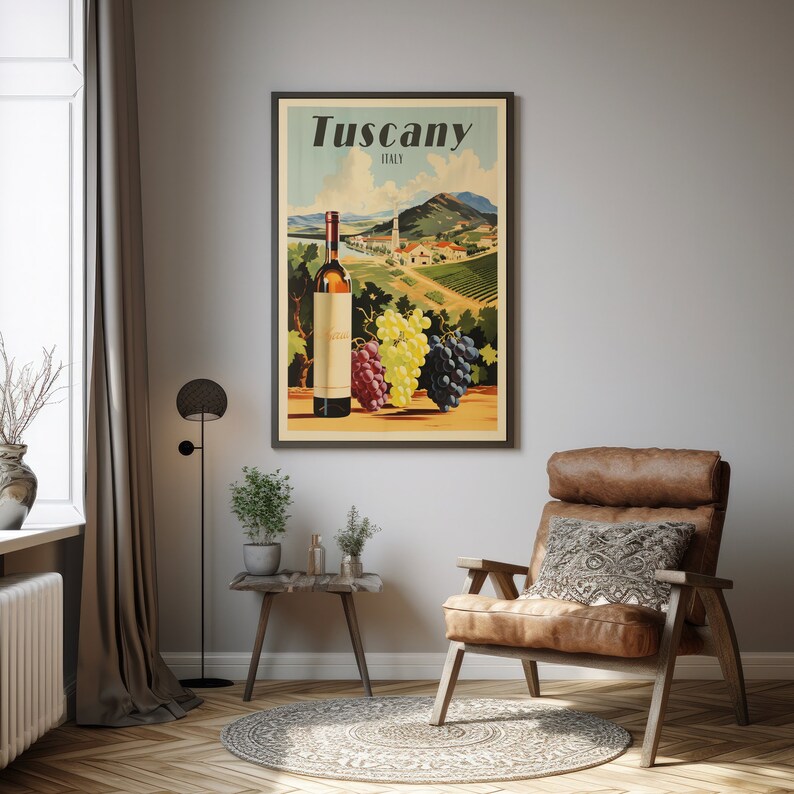 May include: Vintage travel poster for Tuscany, Italy, featuring a bottle of wine and grapes against a backdrop of rolling hills and vineyards. The poster has a retro, mid-century modern aesthetic.