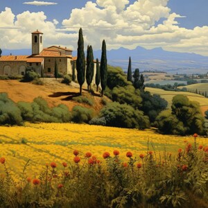 K&ouml;nnte beinhalten: Ein Gem&auml;lde einer toskanischen Landschaft mit einem Steinhaus, Zypressen und einem Feld mit gelben Wildblumen.