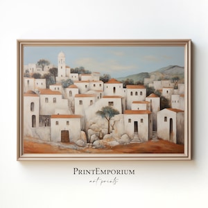 Greek Village Landscape Wall Art, Vintage Painting, Greece Art Print, Fine Art Print, Greek Painting, Large Wall Art, Rustic Wall Decor