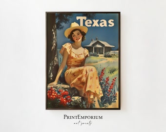Vintage Texas Reiseplakat, rustikale westliche Dekoration, Wüstenlandschaft, Retro Wandkunst, südwestliche Wandkunst, DRUCKBARE antike Kunst