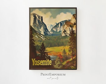 Vintage Yosemite Art Print | Retro National Park Travel Poster | American Wilderness Rustic Wall Art | Nature Landscape Poster | Travel Gift