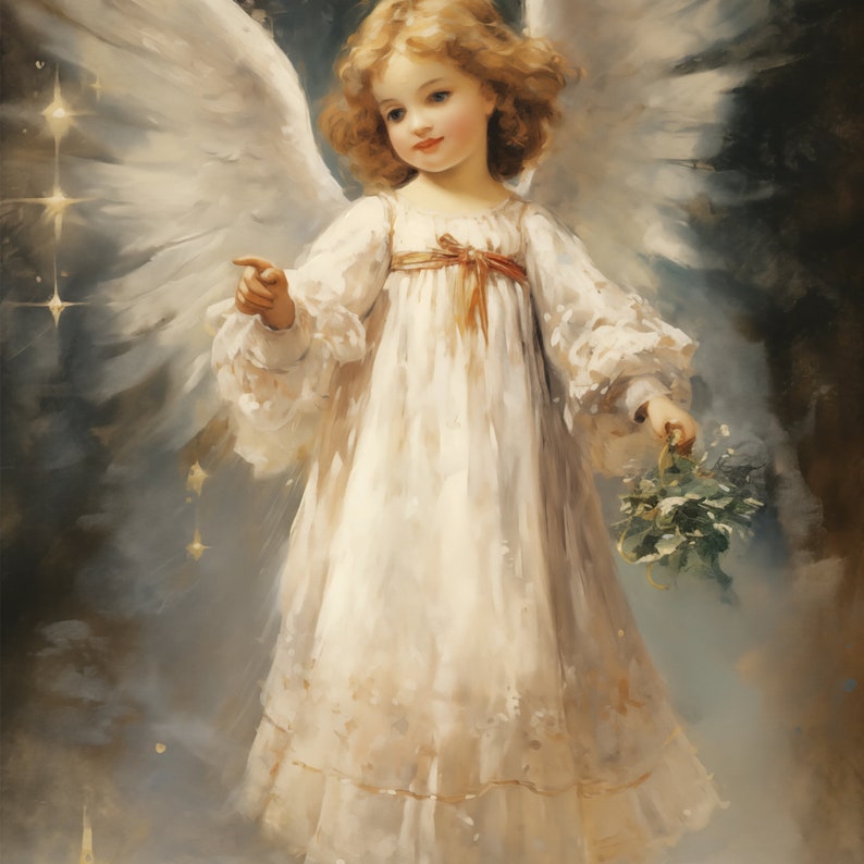 May include: A young angel with golden hair and a white dress, wearing wings and holding a sprig of green leaves. The angel is standing in front of a starry background.