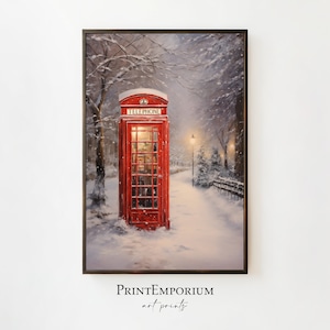 Christmas Wall Decor Printable Red Phone Booth Painting, Festive Xmas Wall Art, Rustic Christmas Art, Vintage Xmas Holiday Art Decor Print