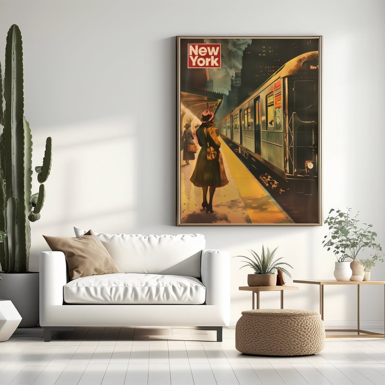 May include: Vintage travel poster featuring a woman in a green coat and red hat standing on a platform waiting for a train. The train is a green and gray subway car with the words "New York" in red on the side. The poster has a yellow and brown color scheme.