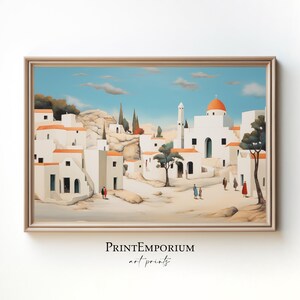 PRINTABLE Mediterranean Village Painting | Vintage Coastal Decor | Greece Architecture Print | European Town Wall Art | Digital Download
