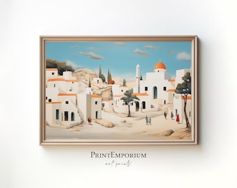PRINTABLE Mediterranean Village Painting | Vintage Coastal Decor | Greece Architecture Print | European Town Wall Art | Digital Download