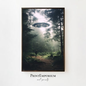 May include: A person stands in a foggy forest, looking up at a flying saucer hovering above the trees.