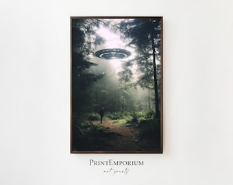 Cartel ovni, arte de pared de descarga digital, decoración de ciencia ficción imprimible, arte de pared trippy, cartel de nave espacial alienígena, arte de pared ovni de abducción