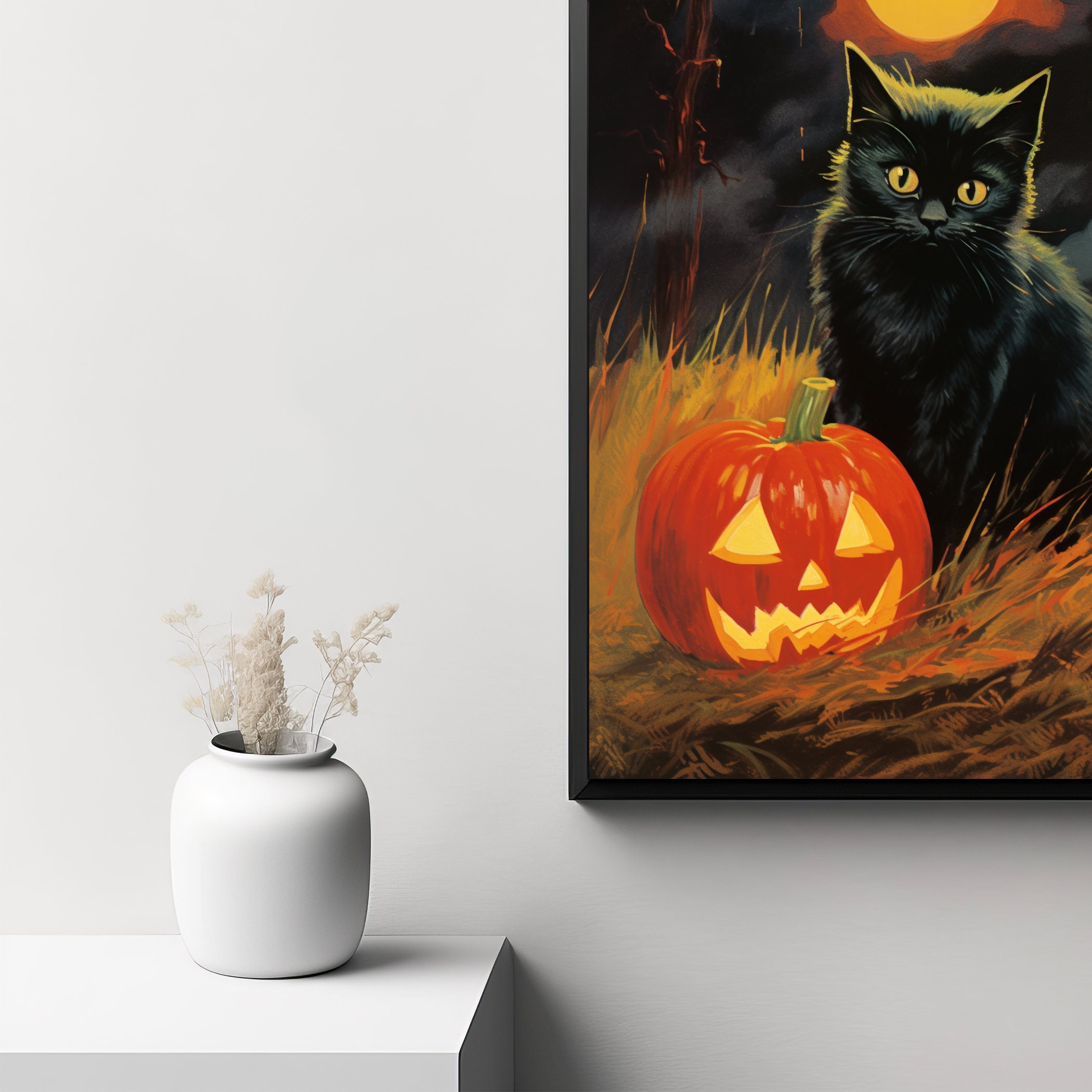 Vintage Halloween Black Cat Art, Retro Halloween Decor, Spooky Season