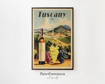 Tuscany Italy Vintage Travel Poster | Rustic Tuscany Wine Poster | Retro Italian Landscape Print | Printable Travel Wall Art | Travel Gift