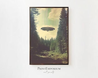 UFO Poster, Trippy Wall Decor, Printable Retro Wall Art, Cosmic Print, Vintage Sci-Fi Poster, Surreal Art, Psychedelic Home Decor Print