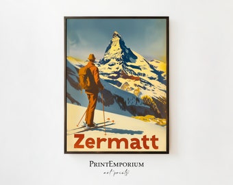 Zermatt Matterhorn Print | Vintage Ski Poster | Retro Wall Art | Switzerland Travel Poster | Swiss Alps Mountain Decor | Large PRINTABLE Art