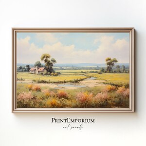 Vintage Europese plattelandsmuurkunst | Rustieke Franse weideprint | Warme toon antieke landschap olieverfschilderij | Digitale download AFDRUKBAAR