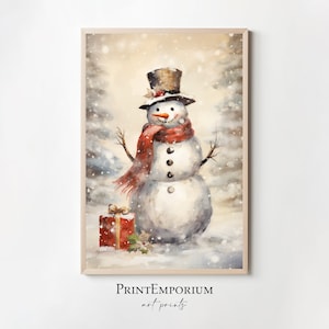 Süße Weihnachten Schneemann Gemälde, druckbare Weihnachtswandkunst, rustikale Weihnachtskunst, Vintage Weihnachten Urlaub Kunst, digitaler Download Schneemann Druck