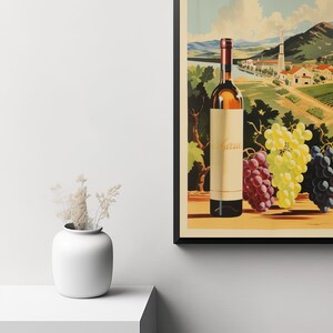 May include: A vintage poster featuring a bottle of wine, grapes, and a scenic landscape. The poster has a black frame and the text "Beaujolais" on the bottle.
