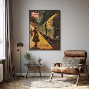 May include: A vintage poster featuring a woman in a red hat standing on a platform with a train arriving in the background. The poster has the text "New York" in red letters at the top.