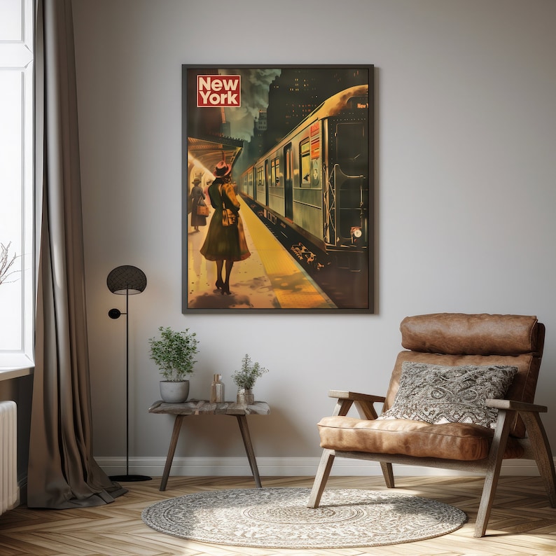 May include: A vintage poster featuring a woman in a red hat standing on a platform with a train arriving in the background. The poster has the text "New York" in red letters at the top.