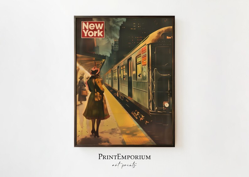 May include: A vintage travel poster featuring a woman in a brown coat and hat standing on a train platform in New York City. The poster has a dark blue background with a train in the background and the text "New York" in red.