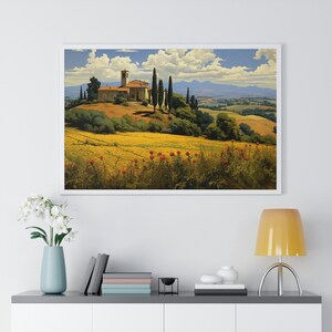 K&ouml;nnte beinhalten: Ein gerahmtes Gem&auml;lde, das ein gelbes Feld mit roten Blumen im Vordergrund, ein Steingeb&auml;ude mit einem Glockenturm im Mittelgrund und eine Reihe von B&auml;umen im Hintergrund zeigt.