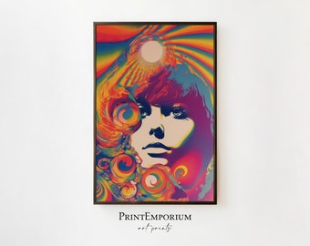 60s Psychedelic Woman Painting, 1960s Art Style, Psychedelic Art, Rainbow Art, Trippy Art Print, Retro Wall Art, Psychedelic Poster