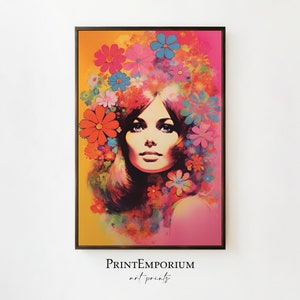 Jaren &#39;60 Flower Power Woman Painting, jaren 1960 psychedelische afdrukbare kunst, Floral Hippie Art Print, Rainbow Art, Retro Wall Art, psychedelische Poster