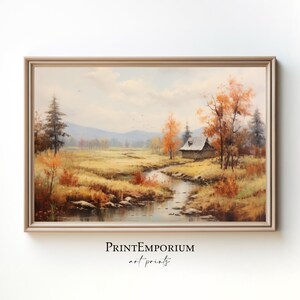 Autumn Landscape Painting, Vintage Fall Painting, Rustic Wall Decor, Large Wall Art, Autumn Wall Decor, Thanksgiving Print, Neutral Tone Art
