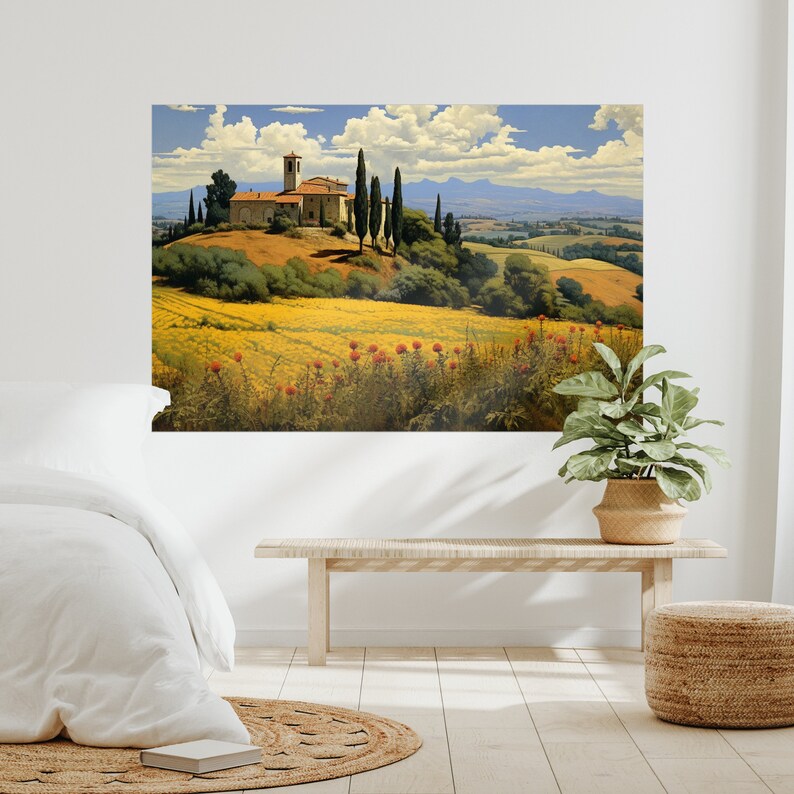 K&ouml;nnte beinhalten: Ein Gem&auml;lde, das ein steinernes Geb&auml;ude mit einem roten Ziegeldach in einer l&auml;ndlichen Landschaft zeigt. Das Geb&auml;ude ist von B&auml;umen und einem Feld mit gelben Blumen umgeben. Der Himmel ist blau mit wei&szlig;en Wolken.