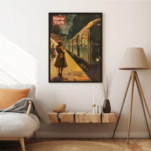 May include: A vintage travel poster featuring a woman in a coat waiting for a train in New York City. The poster has a dark blue background with a yellow train platform and a train arriving in the background. The text "New York" is in red at the top of the poster.
