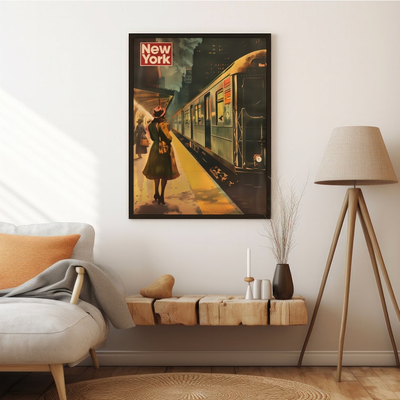 May include: A vintage travel poster featuring a woman in a coat waiting for a train in New York City. The poster has a dark blue background with a yellow train platform and a train arriving in the background. The text "New York" is in red at the top of the poster.