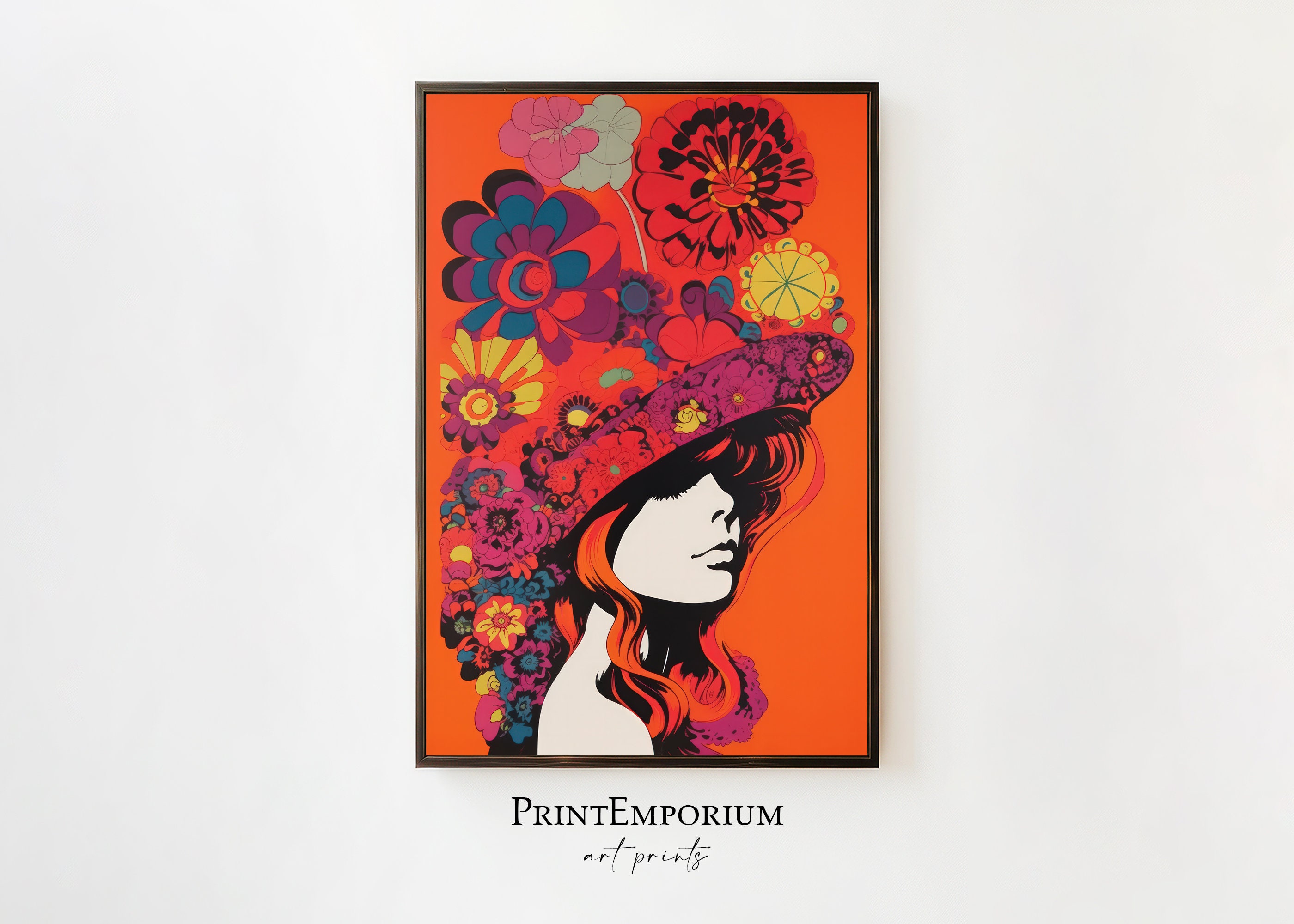 60s Psychedelic Woman Painting, 1960s Art Style, Floral Hippie Art