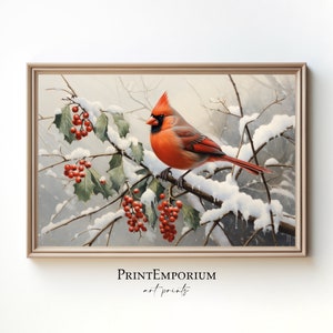 Weihnachtskardinal druckbare Malerei, Vintage Weihnachtskunst, rustikale Weihnachtsdekoration, Vintage Weihnachtskunst, druckbare Weihnachtskunstdruck