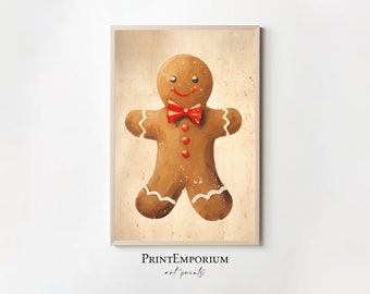 Julväggdekoration utskrivbar pepparkaksgubbekonst, rustik julväggkonst, vintage julväggdekoration, festlig semesterhemsväggdekoration