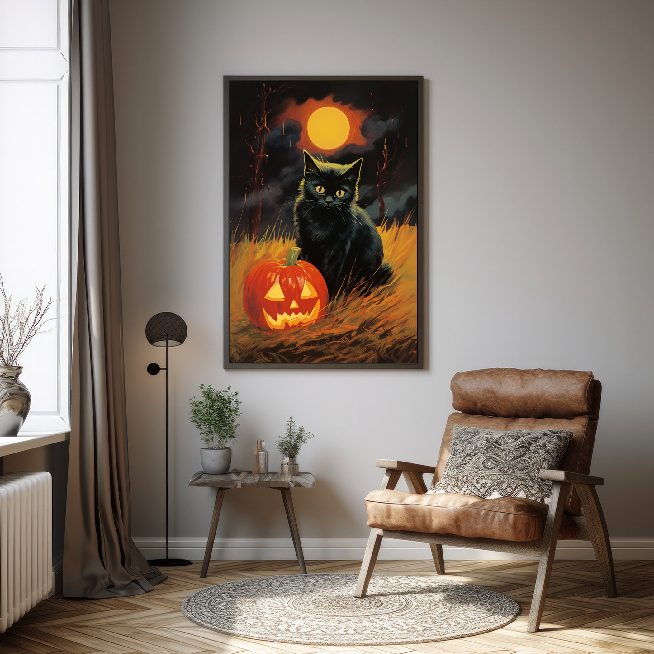 Vintage Halloween Black Cat Art, Retro Halloween Decor, Spooky Season