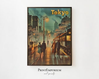Retro Tokyo Japan Train Print, Vintage Travel Poster, Japans toerisme, Aziatische kunst aan de muur, Urban City Decor, DIGITALE DOWNLOAD, AFDRUKBARE kunst