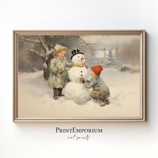 Vintage Christmas Snowman Painting, Printable Xmas Wall Art, Rustic Christmas Art, Vintage Xmas Holiday Art, Xmas Snowman Festive Painting