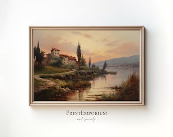 Vintage Lake Como Villa Painting | Sunset Italian Landscape Print | Rustic European Printable Wall Decor | Digital Download Art