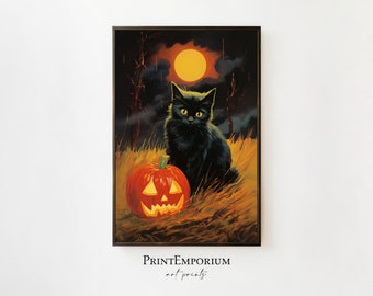 Vintage Halloween Black Cat Art, Retro Halloween Decor, Spooky Season Wall Art, Digital Download Vintage Halloween Art Print, Printable Art