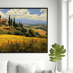 K&ouml;nnte beinhalten: Ein Gem&auml;lde einer l&auml;ndlichen italienischen Landschaft mit einem kleinen Dorf im Vordergrund. Das Dorf ist umgeben von sanften H&uuml;geln und Feldern mit gelben Wildblumen. Der Himmel ist blau mit wei&szlig;en Wolken.