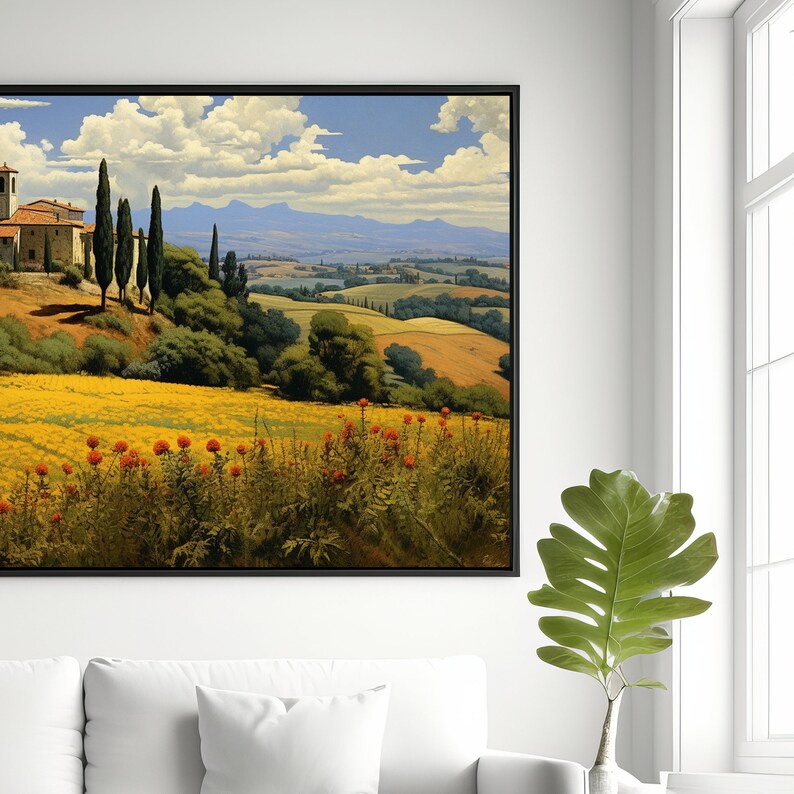 K&ouml;nnte beinhalten: Ein Gem&auml;lde einer l&auml;ndlichen italienischen Landschaft mit einem kleinen Dorf im Vordergrund. Das Dorf ist umgeben von sanften H&uuml;geln und Feldern mit gelben Wildblumen. Der Himmel ist blau mit wei&szlig;en Wolken.