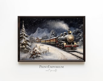 Christmas Polar Express Painting, Printable Vintage Christmas Wall Art, Festive Holiday Wall Art, Rustic Christmas Art, Xmas Wall Decor