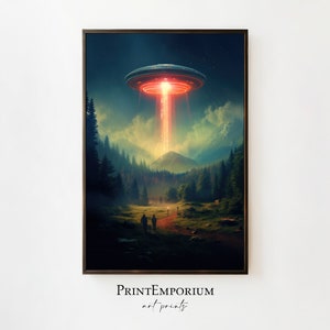 Puede incluir: Una pintura digital de un platillo volante flotando sobre un bosque con un rayo de luz que brilla hacia abajo. El platillo es rojo y brilla. Hay personas caminando en el bosque de abajo.
