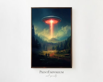 UFO Poster, Large UFO Wall Art, Large Framed Art, Home Decor, Trippy Wall Art, UFO Spaceship Artwork, Living Room Decor, Large Art Print