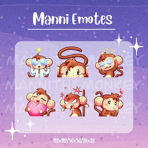 May include: A purple background with the text "Manni Emotes" and six cartoon monkey emotes. The emotes have various expressions, including thinking, peeking, dizzy, holding a heart, angry, and in love. The image dimensions are 112x112/56x56/28x28.