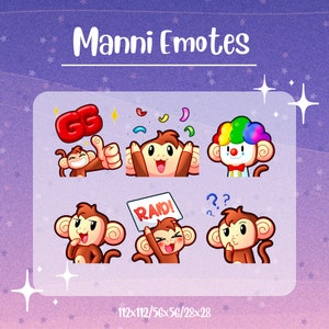 Pode incluir: Um conjunto de seis emojis de macaco animados com diferentes expressões e ações. Os emojis incluem um macaco segurando um sinal que diz "GG", um macaco com um chapéu de palhaço, um macaco segurando um sinal que diz "RAID!" e um macaco com um ponto de interrogação acima de sua cabeça. Os emojis são de tamanhos diferentes e estão dispostos em uma grade.