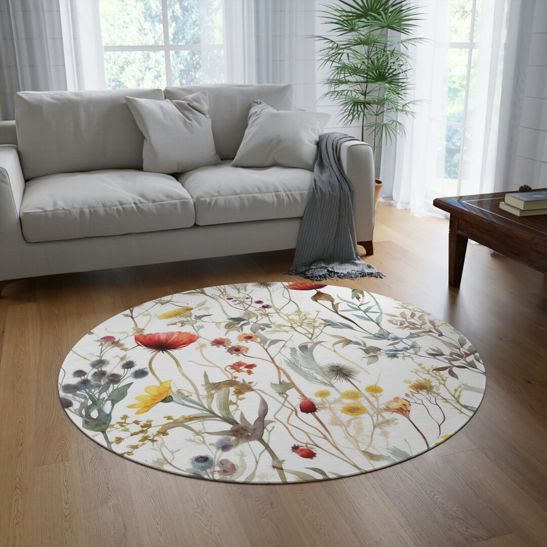 Floral Round Rug Wildflowers Round Area Rug Retro Round Rug Etsy