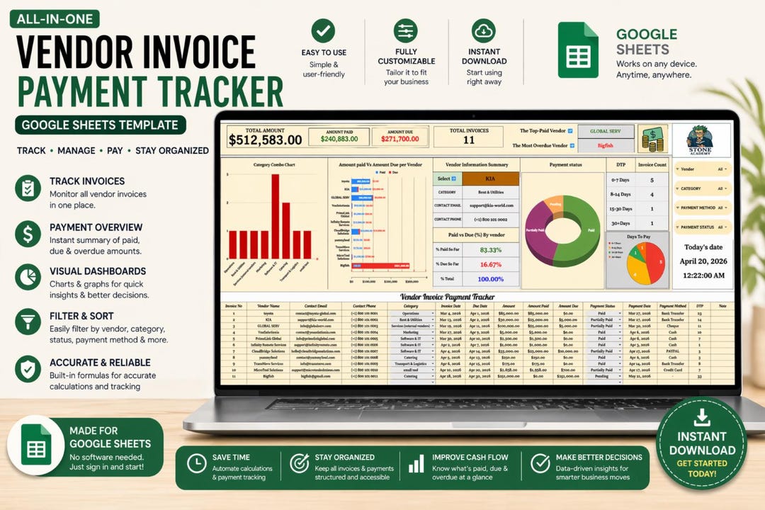 Vendor Invoice Payment Tracker Google Sheets Template (digital Download ...