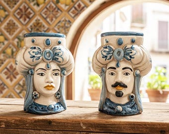 Pair of Sicilian ceramic Moorish heads from Caltagirone, handcrafted and decorated, round (blue)