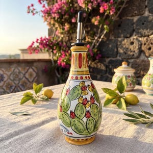 Puede incluir: Una aceitera de cerámica con cuello estrecho y vertedor de metal. La superficie blanca presenta un patrón pintado a mano de palas de chumbera verdes y frutos rojos y amarillos, con bandas decorativas amarillas y rojas en la base.