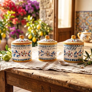 Puede incluir: Tres tarros cilíndricos de cerámica con tapa, decorados con motivos florales pintados a mano en azul, rojo y amarillo. Los tarros llevan las etiquetas ZUCCHERO, SALE y CAFFE en letra negra. Una pequeña cuchara de cerámica descansa sobre la tela.